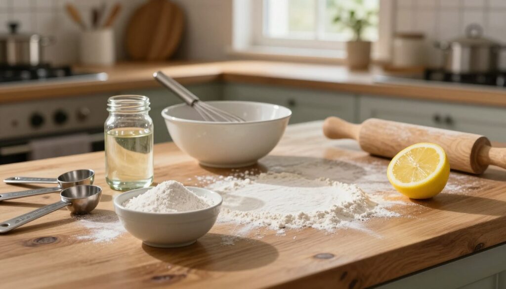 A rustic wooden kitchen countertop filled with various natural ingredients used as baking powder alternatives. In the foreground, a small bowl of baking soda, a glass jar of vinegar, and a bright lemon half, surrounded by measuring spoons. In the middle, a mixing bowl with a whisk, and flour dust lightly on the surface to give a sense of baking activity. The background features a cozy kitchen setting with soft, warm lighting, highlighting a window with sunlight streaming in, casting gentle shadows. The overall atmosphere is inviting and homey, emphasizing the art of baking. Capture the essence of substitution in home baking without any people present, focusing solely on the ingredients. A rustic wooden kitchen countertop filled with various natural ingredients used as baking powder alternatives. In the foreground, a small bowl of baking soda, a glass jar of vinegar, and a bright lemon half, surrounded by measuring spoons. In the middle, a mixing bowl with a whisk, and flour dust lightly on the surface to give a sense of baking activity. The background features a cozy kitchen setting with soft, warm lighting, highlighting a window with sunlight streaming in, casting gentle shadows. The overall atmosphere is inviting and homey, emphasizing the art of baking. Capture the essence of substitution in home baking without any people present, focusing solely on the ingredients.