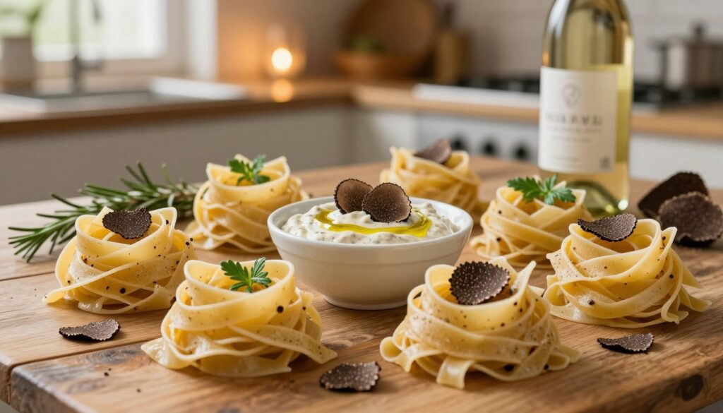 A selection of various pasta types suited for truffle sauces, elegantly displayed on a rustic wooden table. In the foreground, showcase a variety of pasta shapes like tagliatelle, fettuccine, and pappardelle, garnished with shavings of black truffle and fresh herbs. The middle ground features a small bowl of creamy truffle sauce, adorned with a few truffle slices and drizzles of olive oil. In the background, softly blurred, include a cozy kitchen setting with warm ambient light filtering through a window, highlighting a few sprigs of rosemary and a bottle of white wine. The overall atmosphere is warm and inviting, evoking a gourmet dining experience. A selection of various pasta types suited for truffle sauces, elegantly displayed on a rustic wooden table. In the foreground, showcase a variety of pasta shapes like tagliatelle, fettuccine, and pappardelle, garnished with shavings of black truffle and fresh herbs. The middle ground features a small bowl of creamy truffle sauce, adorned with a few truffle slices and drizzles of olive oil. In the background, softly blurred, include a cozy kitchen setting with warm ambient light filtering through a window, highlighting a few sprigs of rosemary and a bottle of white wine. The overall atmosphere is warm and inviting, evoking a gourmet dining experience.