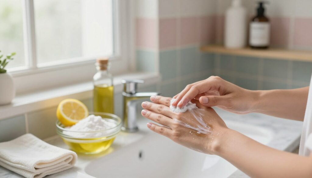 A serene bathroom scene illuminated by soft, natural light coming through a frosted window. In the foreground, a pair of hands gently rubbing a homemade solution onto stained skin, aiming to remove hair dye. The hands should exhibit a careful, delicate approach, with a focus on a gentle, natural remedy appearance. In the middle ground, a small bowl filled with ingredients like lemon, baking soda, and olive oil sits on a marble countertop, while a cloth and paper towels are neatly arranged nearby. The background features muted pastel tiles and a neatly arranged shelf with hair care products. The mood is calm and inviting, reflecting a homey, DIY atmosphere as the viewer is inspired to try these methods. A serene bathroom scene illuminated by soft, natural light coming through a frosted window. In the foreground, a pair of hands gently rubbing a homemade solution onto stained skin, aiming to remove hair dye. The hands should exhibit a careful, delicate approach, with a focus on a gentle, natural remedy appearance. In the middle ground, a small bowl filled with ingredients like lemon, baking soda, and olive oil sits on a marble countertop, while a cloth and paper towels are neatly arranged nearby. The background features muted pastel tiles and a neatly arranged shelf with hair care products. The mood is calm and inviting, reflecting a homey, DIY atmosphere as the viewer is inspired to try these methods.