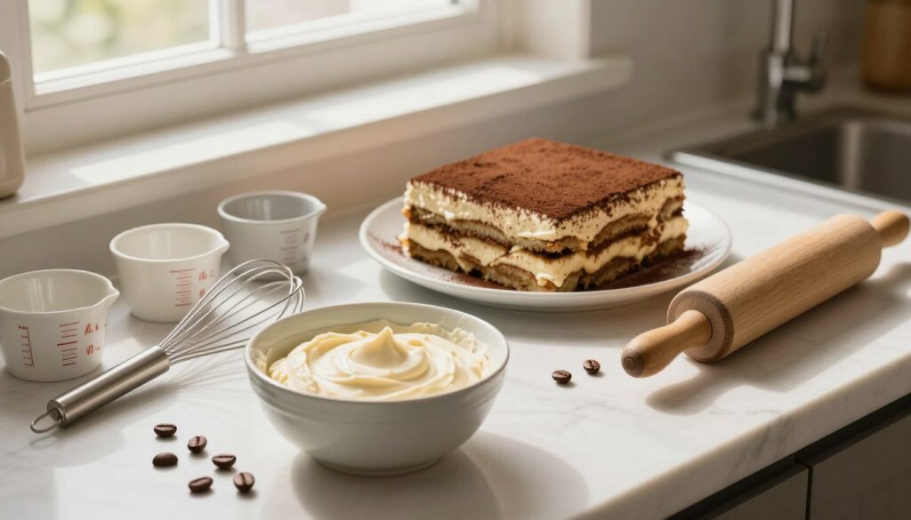 A serene kitchen scene designed to provide inspiration for beginner bakers, featuring a beautifully arranged countertop with classic baking tools such as measuring cups, a whisk, and a wooden rolling pin. In the foreground, there's a bowl filled with a creamy mascarpone mixture, with a few coffee beans scattered artistically around it, hinting at the tiramisu recipe being prepared. The middle-ground displays a freshly baked cake layered with cocoa powder, evoking the indulgent nature of the dessert. The background features soft, warm lighting coming from an overhead window, casting gentle shadows that add depth and warmth. The atmosphere is inviting and cozy, encouraging creativity in baking. A serene kitchen scene designed to provide inspiration for beginner bakers, featuring a beautifully arranged countertop with classic baking tools such as measuring cups, a whisk, and a wooden rolling pin. In the foreground, there's a bowl filled with a creamy mascarpone mixture, with a few coffee beans scattered artistically around it, hinting at the tiramisu recipe being prepared. The middle-ground displays a freshly baked cake layered with cocoa powder, evoking the indulgent nature of the dessert. The background features soft, warm lighting coming from an overhead window, casting gentle shadows that add depth and warmth. The atmosphere is inviting and cozy, encouraging creativity in baking.