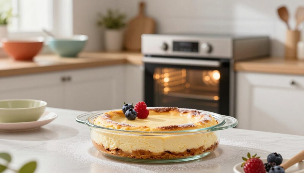 A serene kitchen scene featuring a beautiful, freshly baked cheesecake resting in a glass water bath. The foreground showcases the cheesecake, adorned with a light dusting of powdered sugar and a few bright berries for decoration. The middle ground includes a sleek, modern oven with the door slightly ajar, revealing a warm, inviting glow. The background is slightly blurred, displaying cheerful kitchen elements like colorful mixing bowls and utensils, adding to the homey atmosphere. Soft, natural lighting streams in from a nearby window, casting gentle shadows and highlighting the textures of the cheesecake and kitchen surfaces. The overall mood is calm and inviting, perfect for illustrating the art of baking without imperfections. A serene kitchen scene featuring a beautiful, freshly baked cheesecake resting in a glass water bath. The foreground showcases the cheesecake, adorned with a light dusting of powdered sugar and a few bright berries for decoration. The middle ground includes a sleek, modern oven with the door slightly ajar, revealing a warm, inviting glow. The background is slightly blurred, displaying cheerful kitchen elements like colorful mixing bowls and utensils, adding to the homey atmosphere. Soft, natural lighting streams in from a nearby window, casting gentle shadows and highlighting the textures of the cheesecake and kitchen surfaces. The overall mood is calm and inviting, perfect for illustrating the art of baking without imperfections.
