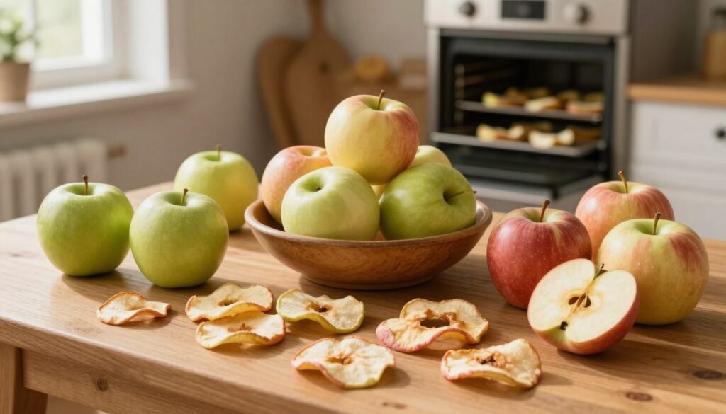A serene kitchen scene showcasing a wooden table filled with various apple varieties ideal for drying. In the foreground, display bright, crisp apples of different types—like Granny Smith, Fuji, and Honeycrisp—arranged artistically with some sliced apple chips laid out to demonstrate the drying process. In the middle, a rustic bowl overflowing with whole apples and a few scattered on the table, emphasizing the focus on selection. In the background, a warm-toned oven is visible, slightly ajar with apple slices on a baking tray. The lighting is soft and natural, suggesting a cozy home atmosphere, with sunlight filtering in through a nearby window, creating a welcoming ambiance. The composition should evoke the freshness and natural quality of home-dried apple chips. A serene kitchen scene showcasing a wooden table filled with various apple varieties ideal for drying. In the foreground, display bright, crisp apples of different types—like Granny Smith, Fuji, and Honeycrisp—arranged artistically with some sliced apple chips laid out to demonstrate the drying process. In the middle, a rustic bowl overflowing with whole apples and a few scattered on the table, emphasizing the focus on selection. In the background, a warm-toned oven is visible, slightly ajar with apple slices on a baking tray. The lighting is soft and natural, suggesting a cozy home atmosphere, with sunlight filtering in through a nearby window, creating a welcoming ambiance. The composition should evoke the freshness and natural quality of home-dried apple chips.