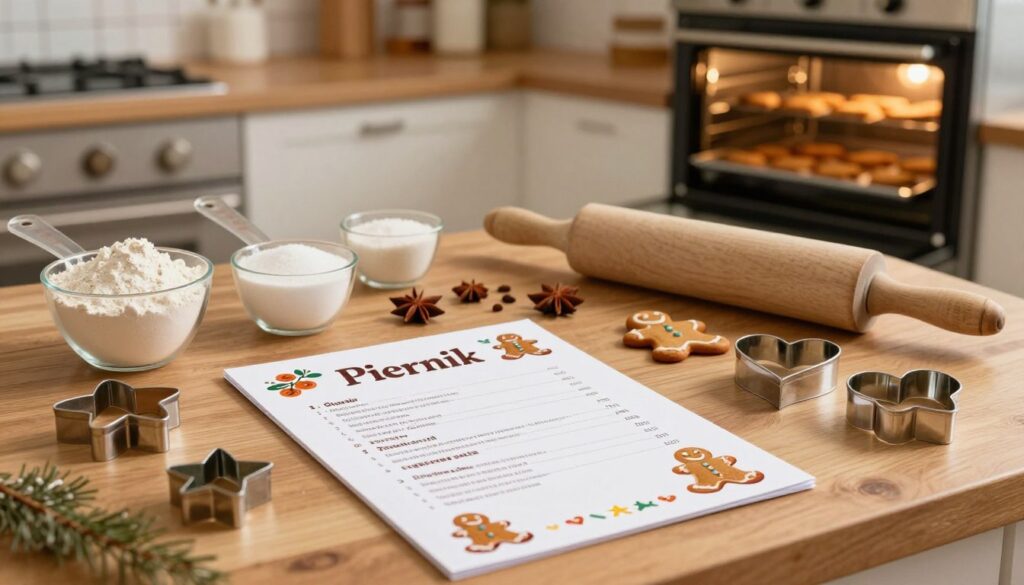 A step-by-step baking instruction scene for gingerbread, beautifully laid out on a wooden kitchen table. In the foreground, a pristine recipe card features the title "Piernik," decorated with illustrated spices and gingerbread shapes. In the middle, various baking tools are arranged: measuring cups filled with flour, sugar, and a vibrant array of spices, a rolling pin, and cookie cutters shaped like stars and hearts. In the background, a warm, inviting kitchen setting is showcased with soft lighting illuminating the countertops. A glimpse of the oven shows gingerbread cookies baking, with a gentle glow radiating from it. The mood is cozy and festive, highlighting the delightful anticipation of holiday baking, without any text or distractions. A step-by-step baking instruction scene for gingerbread, beautifully laid out on a wooden kitchen table. In the foreground, a pristine recipe card features the title "Piernik," decorated with illustrated spices and gingerbread shapes. In the middle, various baking tools are arranged: measuring cups filled with flour, sugar, and a vibrant array of spices, a rolling pin, and cookie cutters shaped like stars and hearts. In the background, a warm, inviting kitchen setting is showcased with soft lighting illuminating the countertops. A glimpse of the oven shows gingerbread cookies baking, with a gentle glow radiating from it. The mood is cozy and festive, highlighting the delightful anticipation of holiday baking, without any text or distractions.