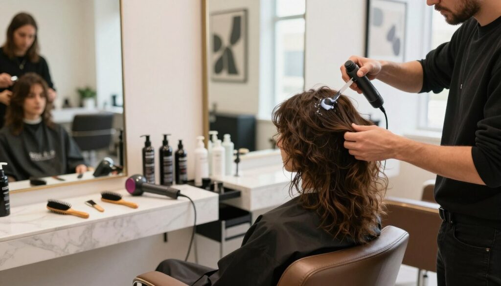 A stylish and modern salon scene showcasing professional hair styling techniques for frizzy hair. In the foreground, a skilled hairstylist, wearing smart casual attire, is carefully applying a smoothing serum to a client's hair. The client has shoulder-length, slightly frizzy hair and appears relaxed, sitting in a plush salon chair. In the middle background, a well-organized workstation filled with various high-quality hair products and tools is visible, including combs, brushes, and hairdryers. Soft, natural lighting streams in through large windows, creating a warm and inviting atmosphere. The walls are adorned with elegant mirrors and contemporary art, enhancing the chic salon aesthetic. The overall mood is professional and tranquil, ideal for illustrating everyday hair care and styling techniques.