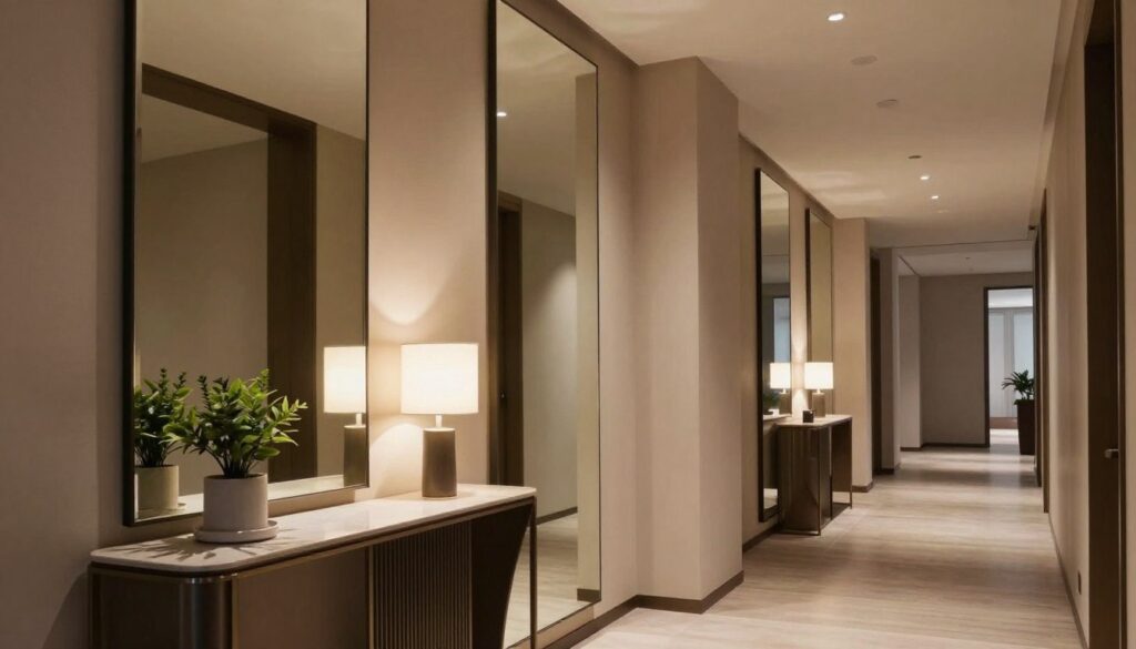 A stylish hallway featuring decorative mirror panels for an optical illusion of expanded space. In the foreground, showcase a sleek console table adorned with minimalist decor, like a small plant and a chic lamp. The middle ground includes elegant, full-length mirror panels reflecting light and creating a sense of depth, set against warm-toned walls with neutral colors. In the background, soft ambient lighting illuminates the space, casting gentle shadows to enhance the three-dimensional effect. Capture the scene from a slightly angled perspective to emphasize the lengthening of the hallway, creating a serene and inviting atmosphere. The overall mood should feel modern and sophisticated, ideal for a contemporary entryway setting. A stylish hallway featuring decorative mirror panels for an optical illusion of expanded space. In the foreground, showcase a sleek console table adorned with minimalist decor, like a small plant and a chic lamp. The middle ground includes elegant, full-length mirror panels reflecting light and creating a sense of depth, set against warm-toned walls with neutral colors. In the background, soft ambient lighting illuminates the space, casting gentle shadows to enhance the three-dimensional effect. Capture the scene from a slightly angled perspective to emphasize the lengthening of the hallway, creating a serene and inviting atmosphere. The overall mood should feel modern and sophisticated, ideal for a contemporary entryway setting.