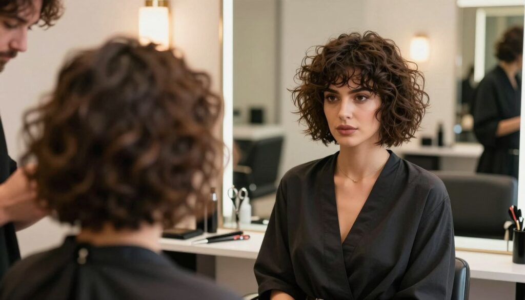 A stylish woman with frizzy hair stands in a modern, well-lit salon, facing a large mirror. Her hair is voluminous and slightly tousled, showcasing its texture. She is wearing a chic, modest outfit that reflects contemporary fashion. The foreground features a partially visible hairstylist behind her, suggesting an ongoing haircut. In the middle ground, a sleek hairdressing station displays scissors and a comb. The background reveals a soft-focus of salon decor, with warm, ambient lighting creating a welcoming atmosphere. The image conveys a sense of transformation and confidence, emphasizing the theme of short haircuts that help manage frizz. The angle is slightly overhead, capturing both the woman’s expression and the hairstylist's skillful work.