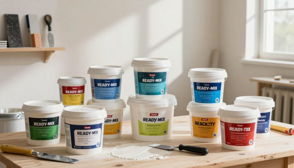 A variety of spackling compounds displayed prominently in a well-lit workshop setting. In the foreground, various tubs of smooth, white and colored spackling paste are shown, labeled with their types: ready-mix, powder, and specialty formulas. The middle ground features a textured wall partially coated with spackling, showing both unfinished and finished sections for contrast. In the background, tools like putty knives and sanding blocks are neatly organized, emphasizing a professional atmosphere. Soft, natural lighting streams in from a nearby window, creating a warm and inviting mood. The composition captures the essence of different types of spackling compounds, making it an informative yet aesthetically pleasing image for the section. A variety of spackling compounds displayed prominently in a well-lit workshop setting. In the foreground, various tubs of smooth, white and colored spackling paste are shown, labeled with their types: ready-mix, powder, and specialty formulas. The middle ground features a textured wall partially coated with spackling, showing both unfinished and finished sections for contrast. In the background, tools like putty knives and sanding blocks are neatly organized, emphasizing a professional atmosphere. Soft, natural lighting streams in from a nearby window, creating a warm and inviting mood. The composition captures the essence of different types of spackling compounds, making it an informative yet aesthetically pleasing image for the section.