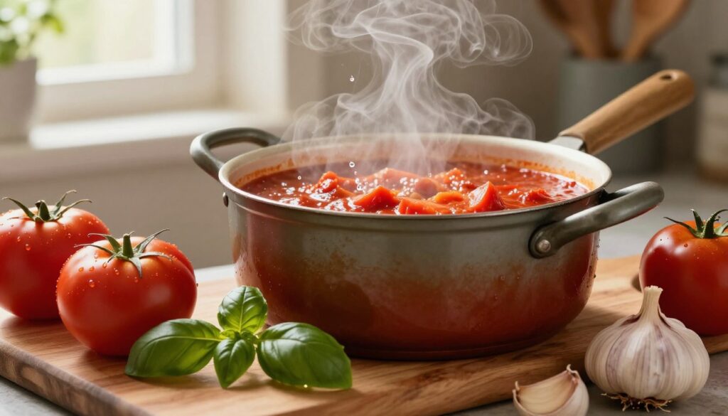 A vibrant and inviting kitchen scene featuring a rich, homemade tomato sauce bubbling in a rustic pot. In the foreground, a wooden cutting board showcases ripe tomatoes, fresh basil leaves, and aromatic garlic cloves, highlighting the fresh ingredients. The middle of the image focuses on the pot of sauce, with steam rising and glistening drops of sauce adding a dynamic element. In the background, blurred kitchen utensils and a window allow warm, natural light to filter in, creating a cozy atmosphere. The overall mood is warm and inviting, emphasizing the beauty of homemade cooking, with earthy tones of red and green harmonizing throughout the composition. A close-up angle captures the texture of the sauce, ensuring vivid detail without any text or distractions. A vibrant and inviting kitchen scene featuring a rich, homemade tomato sauce bubbling in a rustic pot. In the foreground, a wooden cutting board showcases ripe tomatoes, fresh basil leaves, and aromatic garlic cloves, highlighting the fresh ingredients. The middle of the image focuses on the pot of sauce, with steam rising and glistening drops of sauce adding a dynamic element. In the background, blurred kitchen utensils and a window allow warm, natural light to filter in, creating a cozy atmosphere. The overall mood is warm and inviting, emphasizing the beauty of homemade cooking, with earthy tones of red and green harmonizing throughout the composition. A close-up angle captures the texture of the sauce, ensuring vivid detail without any text or distractions.