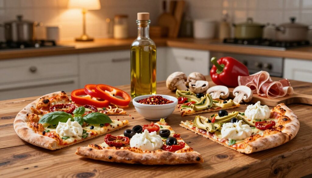 A vibrant and inviting spread of creative pizza toppings arranged artfully on a rustic wooden table. In the foreground, slices of pizza showcase a variety of colorful toppings such as fresh basil, sun-dried tomatoes, olives, artichoke hearts, and dollops of creamy burrata cheese. In the middle, a small bowl of red chili flakes and a bottle of olive oil sit alongside ingredients like sliced bell peppers, mushrooms, and prosciutto. In the background, a warm and soft kitchen ambiance is created with soft lighting emanating from an overhead lamp, casting gentle shadows that highlight the textures of the ingredients. This cozy setting evokes a sense of homeliness and culinary creativity, perfect for illustrating innovative pizza ideas. A vibrant and inviting spread of creative pizza toppings arranged artfully on a rustic wooden table. In the foreground, slices of pizza showcase a variety of colorful toppings such as fresh basil, sun-dried tomatoes, olives, artichoke hearts, and dollops of creamy burrata cheese. In the middle, a small bowl of red chili flakes and a bottle of olive oil sit alongside ingredients like sliced bell peppers, mushrooms, and prosciutto. In the background, a warm and soft kitchen ambiance is created with soft lighting emanating from an overhead lamp, casting gentle shadows that highlight the textures of the ingredients. This cozy setting evokes a sense of homeliness and culinary creativity, perfect for illustrating innovative pizza ideas.