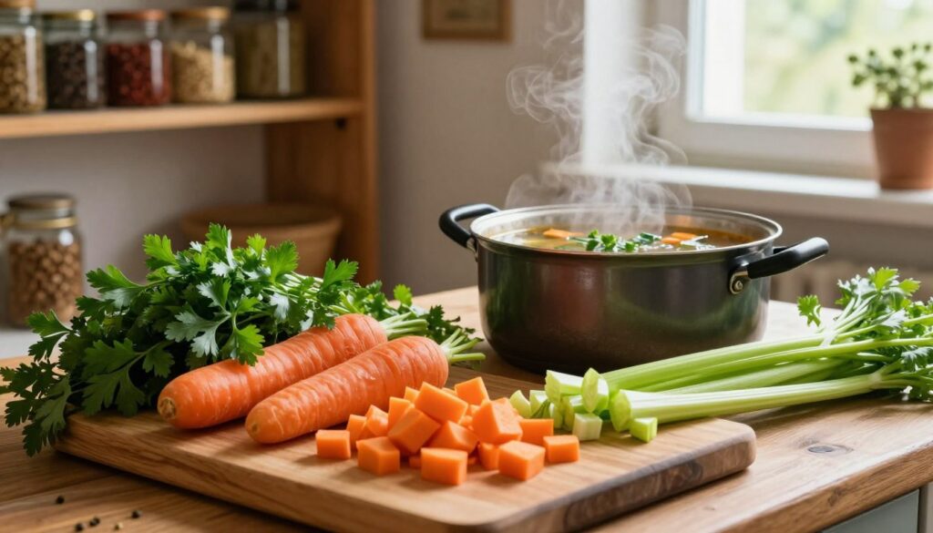 A vibrant and rustic kitchen setting, featuring an assortment of fresh vegetables traditionally used in Polish soups, known as "włoszczyzna." In the foreground, display a wooden cutting board with chopped carrots, parsley, and celery, hinting at their significance in Polish cuisine. In the middle ground, include a pot simmering with a rich broth, herbs gently floating to the surface. The background should depict rustic shelves lined with various spices and cookbooks, softly lit by warm, natural light pouring in from a nearby window, enhancing the homey atmosphere. The image should evoke a sense of history and warmth, inviting viewers to appreciate the cultural significance of these ingredients in Polish cooking. A vibrant and rustic kitchen setting, featuring an assortment of fresh vegetables traditionally used in Polish soups, known as "włoszczyzna." In the foreground, display a wooden cutting board with chopped carrots, parsley, and celery, hinting at their significance in Polish cuisine. In the middle ground, include a pot simmering with a rich broth, herbs gently floating to the surface. The background should depict rustic shelves lined with various spices and cookbooks, softly lit by warm, natural light pouring in from a nearby window, enhancing the homey atmosphere. The image should evoke a sense of history and warmth, inviting viewers to appreciate the cultural significance of these ingredients in Polish cooking.
