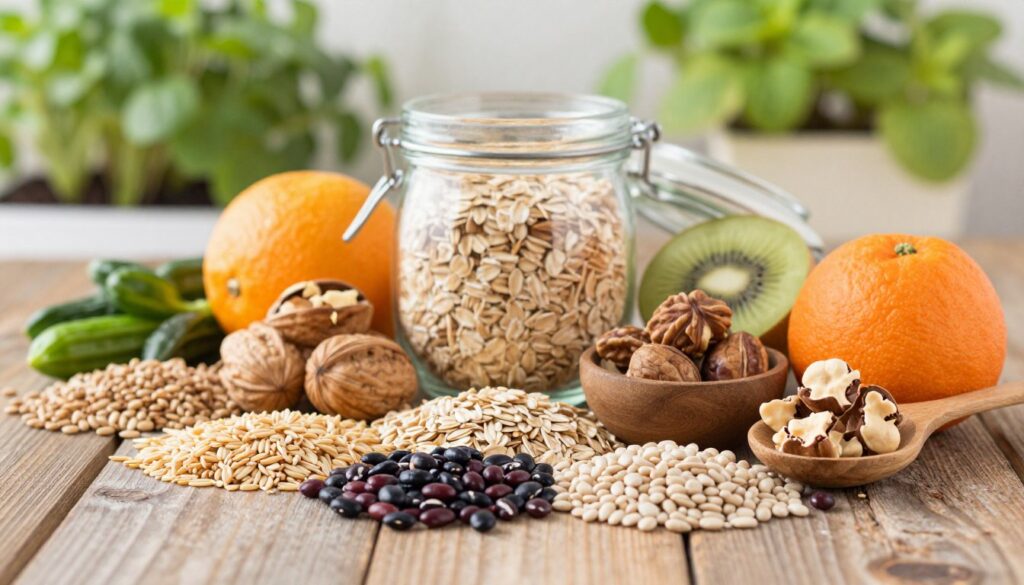 A vibrant and visually appealing composition demonstrating the health benefits of dietary fiber. In the foreground, display a variety of fibrous foods, such as whole grains, legumes, fruits, and vegetables, artfully arranged on a rustic wooden table. In the middle ground, incorporate a glass jar filled with oats and a handful of nuts, representing wholesome ingredients. The background should feature subtle greenery, like a blurred kitchen herb garden, enhancing the natural and healthy theme. Use soft, warm lighting to create a inviting atmosphere, highlighting the textures of the foods. Capture the image from a slightly elevated angle, focusing on the colorful and nutritious elements, evoking a sense of well-being and vitality. The overall mood should be fresh and energizing, reflecting the positive aspects of fiber in a balanced diet. A vibrant and visually appealing composition demonstrating the health benefits of dietary fiber. In the foreground, display a variety of fibrous foods, such as whole grains, legumes, fruits, and vegetables, artfully arranged on a rustic wooden table. In the middle ground, incorporate a glass jar filled with oats and a handful of nuts, representing wholesome ingredients. The background should feature subtle greenery, like a blurred kitchen herb garden, enhancing the natural and healthy theme. Use soft, warm lighting to create a inviting atmosphere, highlighting the textures of the foods. Capture the image from a slightly elevated angle, focusing on the colorful and nutritious elements, evoking a sense of well-being and vitality. The overall mood should be fresh and energizing, reflecting the positive aspects of fiber in a balanced diet.