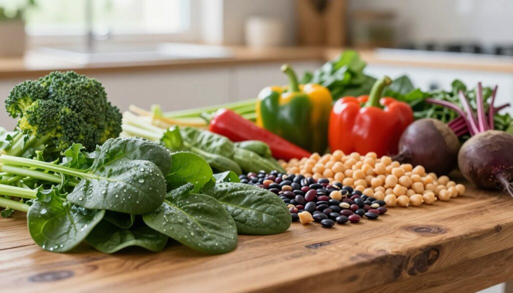 A vibrant and well-organized display of iron-rich vegetables on a rustic wooden table. In the foreground, showcase fresh spinach leaves, kale, and broccoli, glistening with dew, emphasizing their rich green color. In the middle, include a variety of legumes, such as lentils and chickpeas, alongside colorful bell peppers and beets. The background should feature a softly blurred kitchen setting with natural light streaming in from a window, creating a warm and inviting atmosphere. The image should evoke a sense of health and nutrition, encouraging a balanced diet full of iron-rich vegetables. Use a shallow depth of field to draw attention to the vibrant colors and textures of the vegetables, capturing their freshness and appeal. A vibrant and well-organized display of iron-rich vegetables on a rustic wooden table. In the foreground, showcase fresh spinach leaves, kale, and broccoli, glistening with dew, emphasizing their rich green color. In the middle, include a variety of legumes, such as lentils and chickpeas, alongside colorful bell peppers and beets. The background should feature a softly blurred kitchen setting with natural light streaming in from a window, creating a warm and inviting atmosphere. The image should evoke a sense of health and nutrition, encouraging a balanced diet full of iron-rich vegetables. Use a shallow depth of field to draw attention to the vibrant colors and textures of the vegetables, capturing their freshness and appeal.