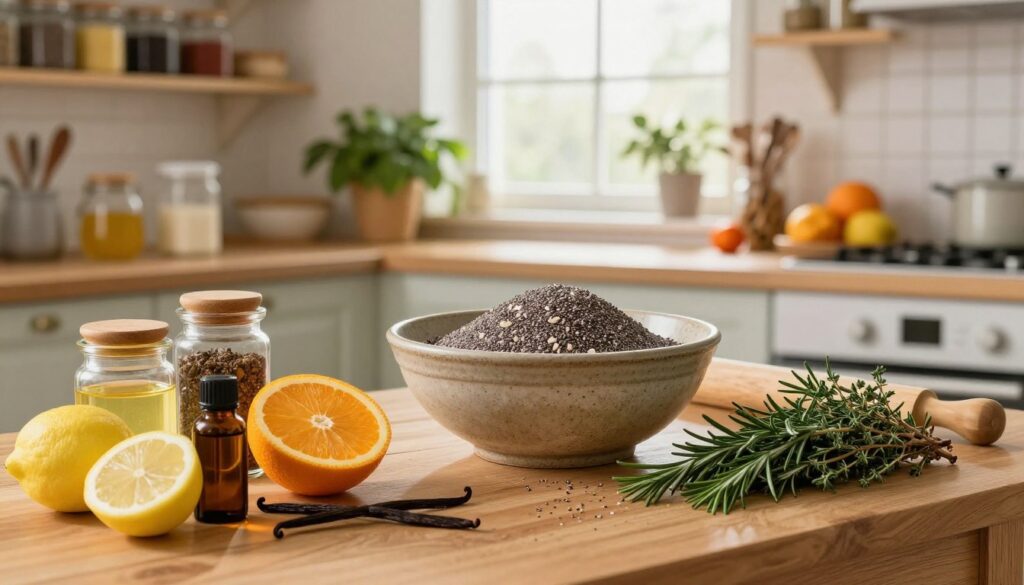 A vibrant, cozy kitchen scene showcasing an array of natural ingredients used for baking. In the foreground, a wooden table is adorned with jars of essential oils like lemon, orange, and vanilla, alongside fresh herbs such as rosemary and thyme. The middle ground features a rustic mixing bowl filled with poppy seed mixture, ready for making traditional makowiec. In the background, soft, warm light filters through a window, illuminating the scene and creating a welcoming atmosphere. The walls are lined with shelves displaying spices and dried fruits, emphasizing the theme of natural alternatives to artificial flavors. The overall mood is inviting and homey, perfect for celebrating the joys of baking during the festive season. A vibrant, cozy kitchen scene showcasing an array of natural ingredients used for baking. In the foreground, a wooden table is adorned with jars of essential oils like lemon, orange, and vanilla, alongside fresh herbs such as rosemary and thyme. The middle ground features a rustic mixing bowl filled with poppy seed mixture, ready for making traditional makowiec. In the background, soft, warm light filters through a window, illuminating the scene and creating a welcoming atmosphere. The walls are lined with shelves displaying spices and dried fruits, emphasizing the theme of natural alternatives to artificial flavors. The overall mood is inviting and homey, perfect for celebrating the joys of baking during the festive season.