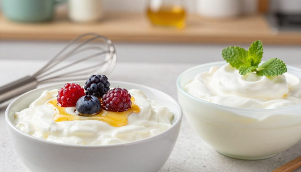 A vibrant, detailed image illustrating the differences between skyr and natural yogurt. In the foreground, display a bowl of thick, creamy skyr, topped with fresh berries and a drizzle of honey, showcasing its unique texture and color. Nearby, place a bowl of traditional natural yogurt, slightly thinner in consistency, garnished with a sprig of mint. In the middle ground, include kitchen utensils like a whisk and measuring cups, hinting at the preparation process. The background features a softly blurred kitchen setting with warm, natural lighting, evoking a cozy atmosphere. Use a shallow depth of field to focus on the yogurt and skyr, enhancing their contrasts. The overall mood is inviting and informative, emphasizing the culinary exploration of these dairy products. A vibrant, detailed image illustrating the differences between skyr and natural yogurt. In the foreground, display a bowl of thick, creamy skyr, topped with fresh berries and a drizzle of honey, showcasing its unique texture and color. Nearby, place a bowl of traditional natural yogurt, slightly thinner in consistency, garnished with a sprig of mint. In the middle ground, include kitchen utensils like a whisk and measuring cups, hinting at the preparation process. The background features a softly blurred kitchen setting with warm, natural lighting, evoking a cozy atmosphere. Use a shallow depth of field to focus on the yogurt and skyr, enhancing their contrasts. The overall mood is inviting and informative, emphasizing the culinary exploration of these dairy products.