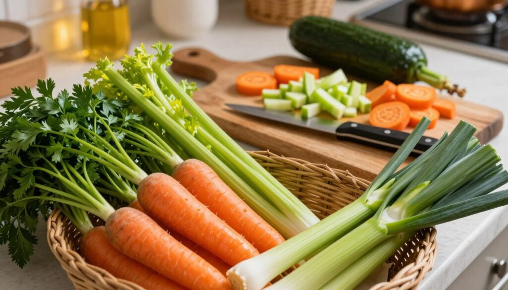 A vibrant display of "włoszczyzna," featuring an array of fresh vegetables used in Polish cuisine. In the foreground, a basket overflowing with carrots, celery roots, parsley, and leeks, showcasing their vivid colors and textures. The middle ground includes a rustic wooden cutting board with a knife, where additional chopped vegetables are artfully arranged. The background has a softly blurred kitchen setting, with warm, inviting lighting that enhances the earthy tones of the vegetables, creating a cozy atmosphere. The scene should evoke a sense of culinary creativity, highlighting the importance of these ingredients in soups across various cultures. The composition should have a slight top-down angle, accentuating the freshness and vibrancy of the "włoszczyzna." A vibrant display of "włoszczyzna," featuring an array of fresh vegetables used in Polish cuisine. In the foreground, a basket overflowing with carrots, celery roots, parsley, and leeks, showcasing their vivid colors and textures. The middle ground includes a rustic wooden cutting board with a knife, where additional chopped vegetables are artfully arranged. The background has a softly blurred kitchen setting, with warm, inviting lighting that enhances the earthy tones of the vegetables, creating a cozy atmosphere. The scene should evoke a sense of culinary creativity, highlighting the importance of these ingredients in soups across various cultures. The composition should have a slight top-down angle, accentuating the freshness and vibrancy of the "włoszczyzna."