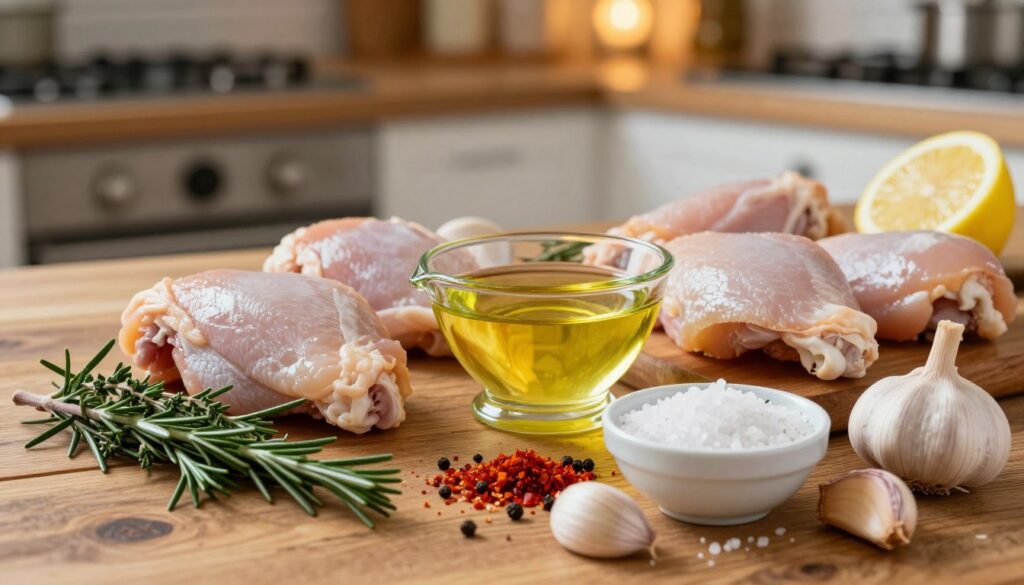 A vibrant, enticing spread of key marinade ingredients for chicken thighs, artistically arranged on a rustic wooden kitchen table. In the foreground, fresh herbs like rosemary and thyme, alongside whole garlic cloves and a bowl of sea salt. In the middle, a glass container filled with olive oil and a splash of lemon juice, surrounded by various spices such as paprika and black pepper. The background features a softly blurred out kitchen setting with warm, ambient lighting to evoke a cozy cooking atmosphere. The scene should be captured from a slightly elevated angle, highlighting the textures and colors of the ingredients, contributing to a wholesome, inviting mood. No text or external elements should be present. A vibrant, enticing spread of key marinade ingredients for chicken thighs, artistically arranged on a rustic wooden kitchen table. In the foreground, fresh herbs like rosemary and thyme, alongside whole garlic cloves and a bowl of sea salt. In the middle, a glass container filled with olive oil and a splash of lemon juice, surrounded by various spices such as paprika and black pepper. The background features a softly blurred out kitchen setting with warm, ambient lighting to evoke a cozy cooking atmosphere. The scene should be captured from a slightly elevated angle, highlighting the textures and colors of the ingredients, contributing to a wholesome, inviting mood. No text or external elements should be present.