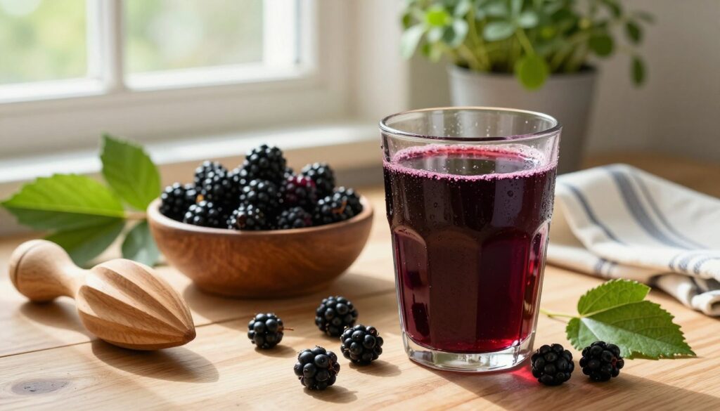 A vibrant kitchen scene featuring freshly prepared black chokeberry juice, or "sok aronii". In the foreground, a glass filled with deep purple juice sits on a wooden table, glistening with condensation. Surrounding the glass are scattered black chokeberries, and a small, elegant wooden juicer. In the middle ground, a rustic bowl holds more fresh berries, and vibrant green leaves are artfully arranged around them. Soft natural light streams through a nearby window, casting gentle shadows and creating a warm, inviting atmosphere. The background includes hints of kitchen elements like an herb pot and a vintage-style kitchen towel, enhancing a cozy, homey vibe. The focus is on the juice and berries, emphasizing freshness and health, with a depth of field that softly blurs the background. A vibrant kitchen scene featuring freshly prepared black chokeberry juice, or "sok aronii". In the foreground, a glass filled with deep purple juice sits on a wooden table, glistening with condensation. Surrounding the glass are scattered black chokeberries, and a small, elegant wooden juicer. In the middle ground, a rustic bowl holds more fresh berries, and vibrant green leaves are artfully arranged around them. Soft natural light streams through a nearby window, casting gentle shadows and creating a warm, inviting atmosphere. The background includes hints of kitchen elements like an herb pot and a vintage-style kitchen towel, enhancing a cozy, homey vibe. The focus is on the juice and berries, emphasizing freshness and health, with a depth of field that softly blurs the background.