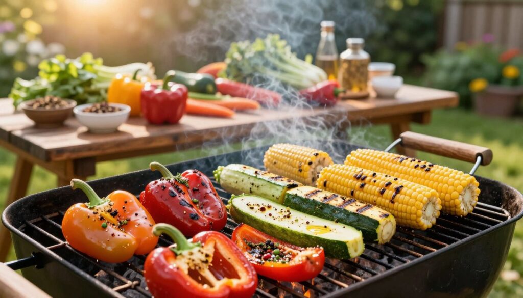 A vibrant outdoor grilling scene showcasing various colorful vegetables being grilled to perfection. In the foreground, plump bell peppers, zucchini, and corn are sizzling on a smoky grill, glistening with savory spices of olive oil, herbs, and pepper. The middle ground features a rustic wooden table filled with a selection of fresh vegetables and a selection of seasonings in small bowls, emphasizing the preparation stage of grilling. In the background, a sunlit garden is visible, with greenery and flowers creating a warm, inviting atmosphere. The scene is captured from a slightly elevated angle, utilizing natural golden hour lighting to enhance the freshness and colors of the vegetables, creating a mouth-watering ambiance perfect for a summer cookout. A vibrant outdoor grilling scene showcasing various colorful vegetables being grilled to perfection. In the foreground, plump bell peppers, zucchini, and corn are sizzling on a smoky grill, glistening with savory spices of olive oil, herbs, and pepper. The middle ground features a rustic wooden table filled with a selection of fresh vegetables and a selection of seasonings in small bowls, emphasizing the preparation stage of grilling. In the background, a sunlit garden is visible, with greenery and flowers creating a warm, inviting atmosphere. The scene is captured from a slightly elevated angle, utilizing natural golden hour lighting to enhance the freshness and colors of the vegetables, creating a mouth-watering ambiance perfect for a summer cookout.