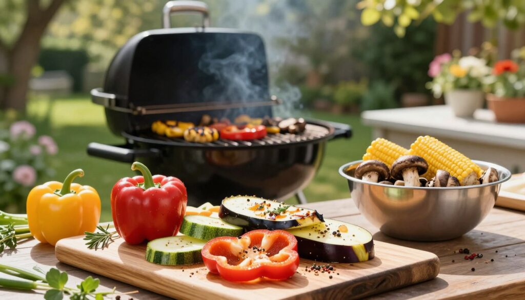 A vibrant outdoor kitchen scene featuring an assortment of fresh vegetables being prepared for grilling. In the foreground, a wooden cutting board displays glistening slices of bell peppers, zucchini, and eggplant, garnished with herbs and spices. A stainless steel bowl holds marinated mushrooms and corn on the cob. In the middle ground, a charcoal grill is visible, its lid slightly lifted, revealing vegetables that are perfectly charred. The background showcases a sunny garden setting with greenery and blooming flowers, adding warmth to the atmosphere. Soft, natural lighting filters through the trees, casting gentle shadows and highlighting the textures of the vegetables. The overall mood is inviting and filled with a sense of culinary excitement. A vibrant outdoor kitchen scene featuring an assortment of fresh vegetables being prepared for grilling. In the foreground, a wooden cutting board displays glistening slices of bell peppers, zucchini, and eggplant, garnished with herbs and spices. A stainless steel bowl holds marinated mushrooms and corn on the cob. In the middle ground, a charcoal grill is visible, its lid slightly lifted, revealing vegetables that are perfectly charred. The background showcases a sunny garden setting with greenery and blooming flowers, adding warmth to the atmosphere. Soft, natural lighting filters through the trees, casting gentle shadows and highlighting the textures of the vegetables. The overall mood is inviting and filled with a sense of culinary excitement.