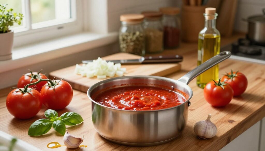 A vibrant, rustic kitchen scene showcasing a freshly made tomato sauce on a wooden countertop. In the foreground, a stainless steel saucepan filled with rich, red tomato sauce is surrounded by fresh ingredients: ripe tomatoes, a sprig of basil, a clove of garlic, and a drizzle of olive oil. The middle ground features a chopping board with diced onions and a knife. Soft, warm lighting filters through a nearby window, creating a cozy ambiance. In the background, shelves lined with jars of spices and herbs add warmth, emphasizing the homemade feel. The image captures the essence of preparation, with a homely and inviting atmosphere. The focus is sharp on the sauce, inviting the viewer into the cooking process. A vibrant, rustic kitchen scene showcasing a freshly made tomato sauce on a wooden countertop. In the foreground, a stainless steel saucepan filled with rich, red tomato sauce is surrounded by fresh ingredients: ripe tomatoes, a sprig of basil, a clove of garlic, and a drizzle of olive oil. The middle ground features a chopping board with diced onions and a knife. Soft, warm lighting filters through a nearby window, creating a cozy ambiance. In the background, shelves lined with jars of spices and herbs add warmth, emphasizing the homemade feel. The image captures the essence of preparation, with a homely and inviting atmosphere. The focus is sharp on the sauce, inviting the viewer into the cooking process.