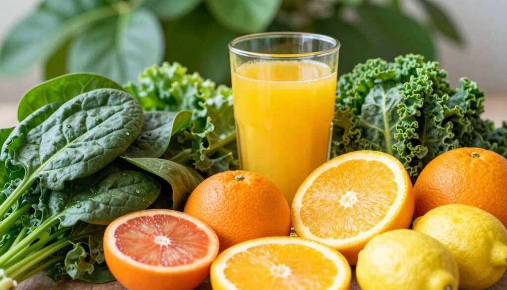 A vibrant still life composition showcasing the role of vitamin C in enhancing iron absorption. In the foreground, a variety of colorful vegetables rich in iron, such as spinach and kale, are artistically arranged alongside bright citrus fruits like oranges and lemons, symbolizing vitamin C. The middle ground features a glass of fresh orange juice, gleaming in the light. In the background, soft focus green leaves create a lush atmosphere, evoking a sense of vitality. The lighting is bright and natural, accentuating the freshness of the produce, with a slight top-down angle for a dynamic view. The overall mood is healthy and invigorating, inviting viewers to consider the beneficial connection between vitamin C and iron absorption. A vibrant still life composition showcasing the role of vitamin C in enhancing iron absorption. In the foreground, a variety of colorful vegetables rich in iron, such as spinach and kale, are artistically arranged alongside bright citrus fruits like oranges and lemons, symbolizing vitamin C. The middle ground features a glass of fresh orange juice, gleaming in the light. In the background, soft focus green leaves create a lush atmosphere, evoking a sense of vitality. The lighting is bright and natural, accentuating the freshness of the produce, with a slight top-down angle for a dynamic view. The overall mood is healthy and invigorating, inviting viewers to consider the beneficial connection between vitamin C and iron absorption.