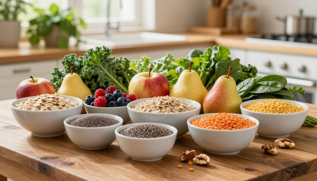 A vibrant, well-composed scene showcasing a variety of high-fiber foods arranged on a rustic wooden table. In the foreground, there are bowls filled with oatmeal, chia seeds, lentils, and nuts, each vividly colorful and inviting. The middle section features fresh fruits like apples, pears, and berries, alongside an assortment of leafy greens, such as kale and spinach. In the background, a sunlit kitchen with lush herbs on the counter creates a warm, inviting atmosphere. Soft, natural lighting filters through the window, highlighting the textures of the food. The mood is healthy and vibrant, emphasizing the abundance of dietary fiber in everyday meals, with a focus on nutrition and wellness. A vibrant, well-composed scene showcasing a variety of high-fiber foods arranged on a rustic wooden table. In the foreground, there are bowls filled with oatmeal, chia seeds, lentils, and nuts, each vividly colorful and inviting. The middle section features fresh fruits like apples, pears, and berries, alongside an assortment of leafy greens, such as kale and spinach. In the background, a sunlit kitchen with lush herbs on the counter creates a warm, inviting atmosphere. Soft, natural lighting filters through the window, highlighting the textures of the food. The mood is healthy and vibrant, emphasizing the abundance of dietary fiber in everyday meals, with a focus on nutrition and wellness.