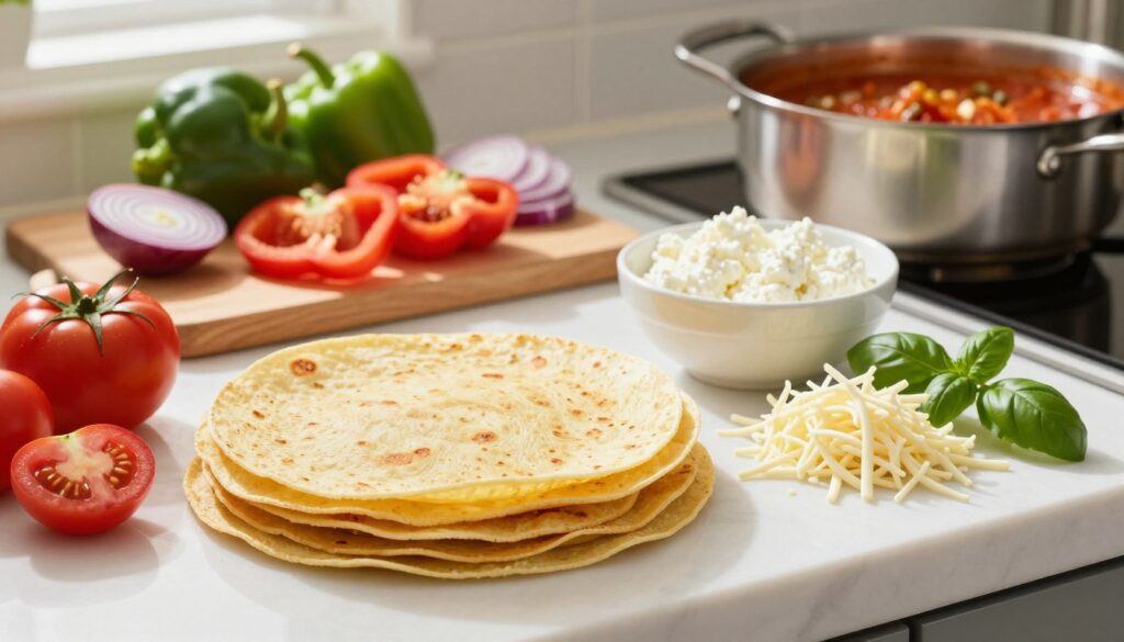 A vibrant, well-lit kitchen countertop serves as the backdrop for a collection of essential ingredients for a quick tortilla lasagna. In the foreground, a stack of golden, soft tortillas, ready to be layered, is placed alongside fresh diced tomatoes, a bowl of creamy ricotta cheese, and a generous handful of shredded mozzarella. A sprinkle of fresh basil lies nearby, adding a pop of green. In the middle ground, a chopping board displays sliced bell peppers and onions, while a pot of simmering sauce slightly out of focus adds warmth to the scene. Soft natural light streams in, casting gentle shadows and creating an inviting, homey atmosphere. The camera angle is slightly above eye level, creating a balanced view of the delicious ingredients, emphasizing their freshness and colors, without any text or distractions. A vibrant, well-lit kitchen countertop serves as the backdrop for a collection of essential ingredients for a quick tortilla lasagna. In the foreground, a stack of golden, soft tortillas, ready to be layered, is placed alongside fresh diced tomatoes, a bowl of creamy ricotta cheese, and a generous handful of shredded mozzarella. A sprinkle of fresh basil lies nearby, adding a pop of green. In the middle ground, a chopping board displays sliced bell peppers and onions, while a pot of simmering sauce slightly out of focus adds warmth to the scene. Soft natural light streams in, casting gentle shadows and creating an inviting, homey atmosphere. The camera angle is slightly above eye level, creating a balanced view of the delicious ingredients, emphasizing their freshness and colors, without any text or distractions.