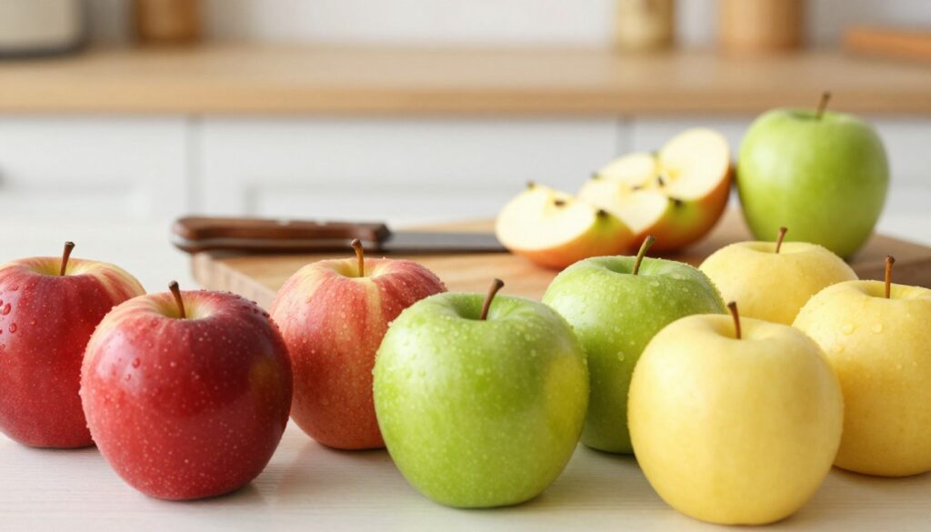 A visually appealing arrangement of assorted apple varieties suitable for baking, prominently displayed in the foreground. Include crisp, red apples like Honeycrisp, green Granny Smith apples, and yellow Golden Delicious, each showcasing their unique textures and colors. The middle ground features a wooden cutting board with a rustic knife and a few apple slices revealing their juicy interiors. In the background, a softly blurred kitchen setting with warm lighting, emphasizing a cozy baking atmosphere. The ambiance conveys a sense of warmth and readiness for baking, inviting the viewer to appreciate the selection of apples. Use soft focus on the background while keeping the apples sharp and vibrant. Ensure the overall image has a bright and welcoming appearance. A visually appealing arrangement of assorted apple varieties suitable for baking, prominently displayed in the foreground. Include crisp, red apples like Honeycrisp, green Granny Smith apples, and yellow Golden Delicious, each showcasing their unique textures and colors. The middle ground features a wooden cutting board with a rustic knife and a few apple slices revealing their juicy interiors. In the background, a softly blurred kitchen setting with warm lighting, emphasizing a cozy baking atmosphere. The ambiance conveys a sense of warmth and readiness for baking, inviting the viewer to appreciate the selection of apples. Use soft focus on the background while keeping the apples sharp and vibrant. Ensure the overall image has a bright and welcoming appearance.