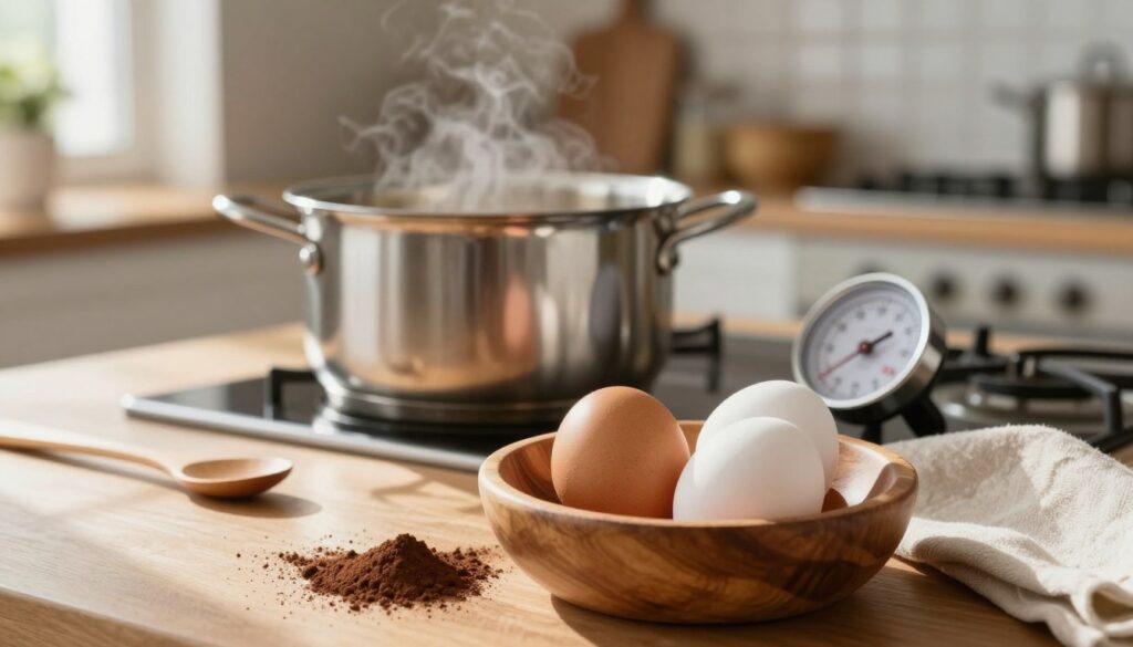 A visually appealing composition centered on the safety of egg preparation for tiramisu. In the foreground, a pair of fresh, brown and white eggs sit in a rustic wooden bowl, surrounded by scattered cocoa powder and a soft cloth. The middle ground features a warm kitchen setting with a stainless steel pot, simmering gently, and a thermometer to ensure safe temperatures for egg preparation. The background includes softly blurred kitchen shelves displaying baking essentials, creating a homely atmosphere. Warm, natural lighting streams in from a window, casting gentle shadows. The scene evokes a sense of care and culinary expertise, highlighting the importance of safe egg handling in dessert-making. No text or human figures are present. A visually appealing composition centered on the safety of egg preparation for tiramisu. In the foreground, a pair of fresh, brown and white eggs sit in a rustic wooden bowl, surrounded by scattered cocoa powder and a soft cloth. The middle ground features a warm kitchen setting with a stainless steel pot, simmering gently, and a thermometer to ensure safe temperatures for egg preparation. The background includes softly blurred kitchen shelves displaying baking essentials, creating a homely atmosphere. Warm, natural lighting streams in from a window, casting gentle shadows. The scene evokes a sense of care and culinary expertise, highlighting the importance of safe egg handling in dessert-making. No text or human figures are present.
