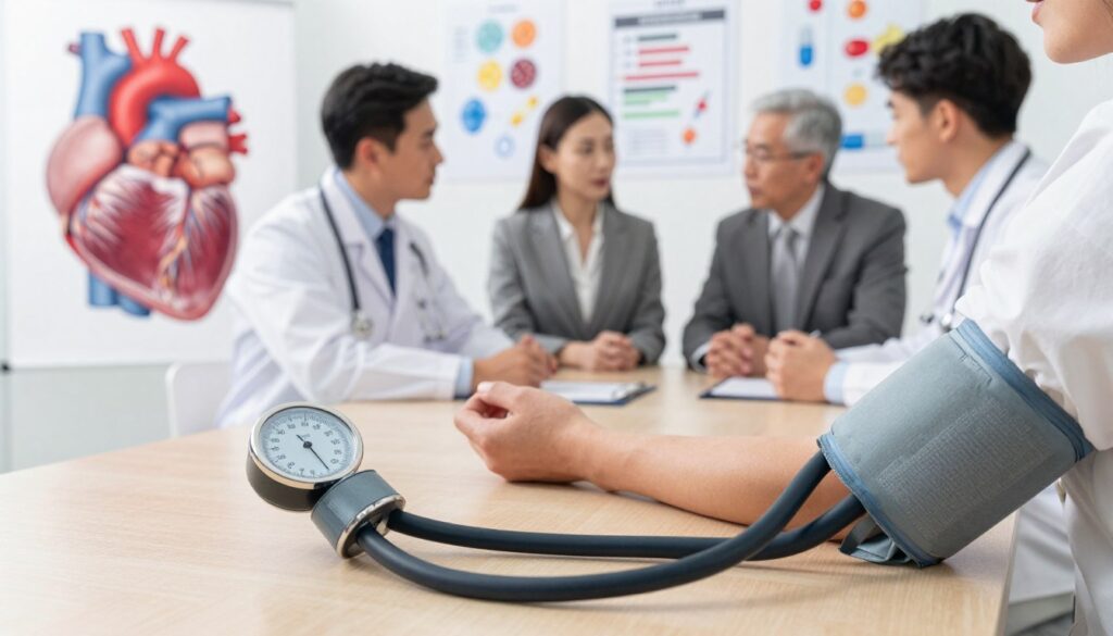 A visually striking image depicting various health conditions that affect blood pressure. In the foreground, a close-up of a sphygmomanometer in use, set against a backdrop of anatomical illustrations of the human heart and arteries. The middle ground features a diverse group of professionals, including a doctor and a patient, engaged in a serious discussion about blood pressure, all dressed in smart, professional attire. The background is filled with subtle images of pills and medical charts that symbolize treatments affecting blood pressure. The lighting is soft and warm, evoking a sense of care and concern. The angle is slightly elevated, offering a comprehensive view of the scene, creating an informative and professional atmosphere suitable for an informative article. A visually striking image depicting various health conditions that affect blood pressure. In the foreground, a close-up of a sphygmomanometer in use, set against a backdrop of anatomical illustrations of the human heart and arteries. The middle ground features a diverse group of professionals, including a doctor and a patient, engaged in a serious discussion about blood pressure, all dressed in smart, professional attire. The background is filled with subtle images of pills and medical charts that symbolize treatments affecting blood pressure. The lighting is soft and warm, evoking a sense of care and concern. The angle is slightly elevated, offering a comprehensive view of the scene, creating an informative and professional atmosphere suitable for an informative article.