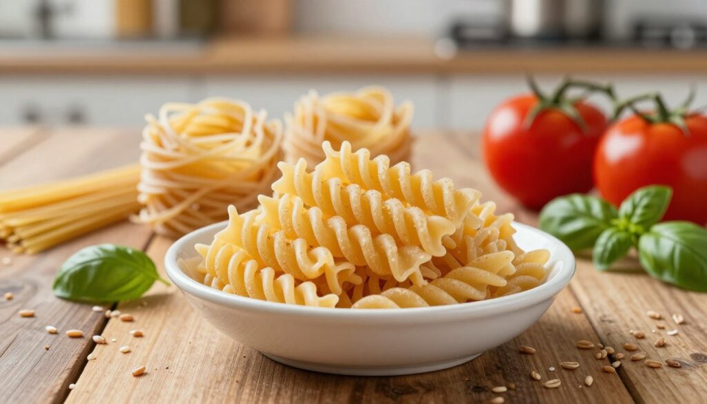 A visually striking image of whole grain pasta, artistically arranged on a rustic wooden table. In the foreground, a bowl of cooked whole grain spaghetti is intricately twirled, showcasing its rough, textured surface that hints at its high fiber content. Surrounding the bowl are fresh vegetables like vibrant tomatoes, green basil leaves, and scattered grains of whole wheat, emphasizing healthy digestion. In the middle ground, soft natural lighting bathes the scene, casting gentle shadows that enhance the pasta’s curves. The background features a blurred kitchen setting, adding warmth to the atmosphere. The overall mood is inviting and educational, highlighting the potential challenges of whole grain pasta in digestion while keeping a focus on its nutrition.