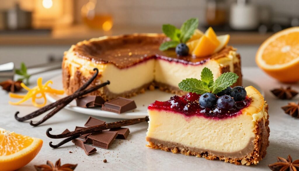 A visually stunning arrangement of cheesecake flavors, featuring an elegant selection of ingredients like fresh fruits, fragrant herbs, and aromatic spices. In the foreground, a beautifully crafted cheesecake slice topped with vibrant berry compote and sprinkled with a hint of mint leaves. The middle layer showcases an assortment of flavoring elements, such as citrus zest, vanilla pods, and rich chocolate shavings artfully placed around the cheesecake. In the background, a softly blurred kitchen setting with warm, golden light accentuating the baking tools and ingredients, creating an inviting and cozy atmosphere. The overall mood is one of culinary creativity and warmth, evoking a sense of experimentation in flavor pairing without overdoing it.