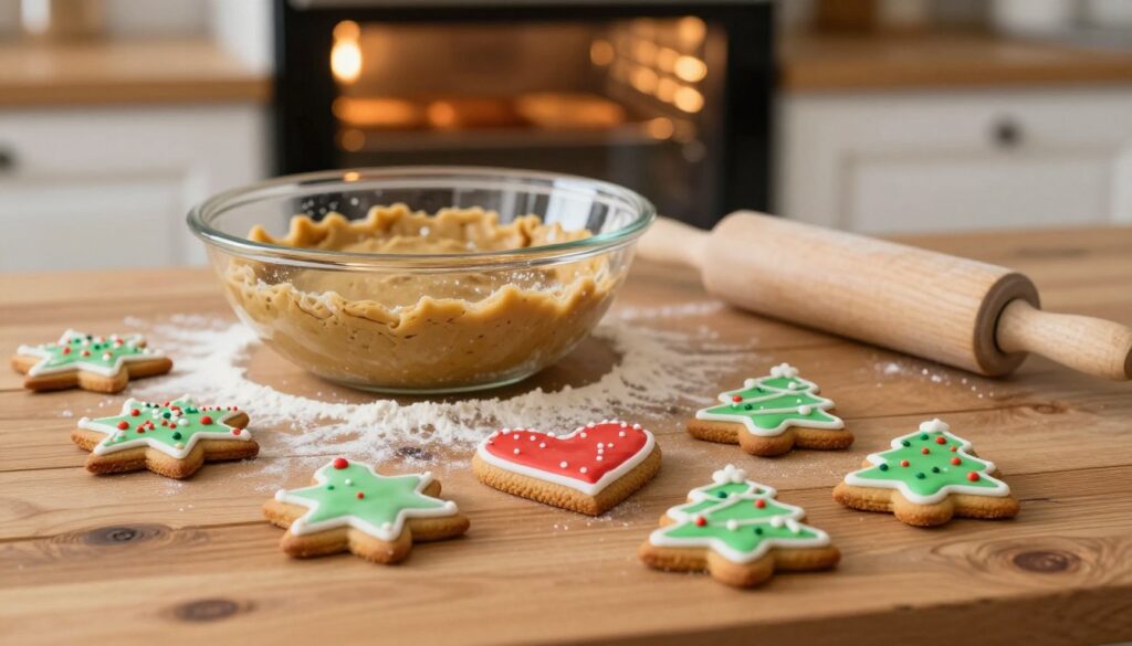 A warm and inviting kitchen scene showcasing freshly baked pierniczki (gingerbread cookies) displayed on a rustic wooden table. In the foreground, several beautifully decorated pierniczki in various festive shapes like stars, hearts, and Christmas trees, adorned with colorful icing and sugar sprinkles. In the middle, a mixing bowl with aromatic gingerbread dough, dusted with flour, and a rolling pin beside it. The background features a softly lit oven, its light glowing gently, hinting at the cookies' optimal baking temperature. The overall atmosphere is cozy and festive, evoking the spirit of holiday baking. Soft, natural lighting enhances the warm tones of the wood and the shiny decorations on the cookies. Shot with a shallow depth of field to focus on the pierniczki while slightly blurring the background elements. A warm and inviting kitchen scene showcasing freshly baked pierniczki (gingerbread cookies) displayed on a rustic wooden table. In the foreground, several beautifully decorated pierniczki in various festive shapes like stars, hearts, and Christmas trees, adorned with colorful icing and sugar sprinkles. In the middle, a mixing bowl with aromatic gingerbread dough, dusted with flour, and a rolling pin beside it. The background features a softly lit oven, its light glowing gently, hinting at the cookies' optimal baking temperature. The overall atmosphere is cozy and festive, evoking the spirit of holiday baking. Soft, natural lighting enhances the warm tones of the wood and the shiny decorations on the cookies. Shot with a shallow depth of field to focus on the pierniczki while slightly blurring the background elements.