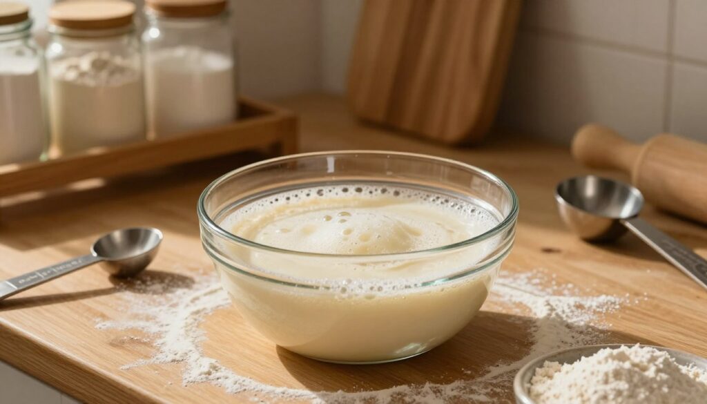 A warm, inviting kitchen scene focusing on the preparation of a perfect yeast starter (rozczyn drożdżowy). In the foreground, a glass bowl filled with a creamy, frothy mixture of activated yeast, sugar, and warm water, with small bubbles forming on the surface, indicating its liveliness. Surrounding the bowl are measuring spoons and a small dish of flour, hinting at the baking process. The middle ground features a wooden countertop dusted with flour, with a soft, golden light illuminating the space, casting gentle shadows. In the background, a rustic shelf displaying baking ingredients like flour and sugar creates a cozy, homely atmosphere. The overall mood is warm and inviting, emphasizing the art of baking with a focus on the yeast starter's importance. A warm, inviting kitchen scene focusing on the preparation of a perfect yeast starter (rozczyn drożdżowy). In the foreground, a glass bowl filled with a creamy, frothy mixture of activated yeast, sugar, and warm water, with small bubbles forming on the surface, indicating its liveliness. Surrounding the bowl are measuring spoons and a small dish of flour, hinting at the baking process. The middle ground features a wooden countertop dusted with flour, with a soft, golden light illuminating the space, casting gentle shadows. In the background, a rustic shelf displaying baking ingredients like flour and sugar creates a cozy, homely atmosphere. The overall mood is warm and inviting, emphasizing the art of baking with a focus on the yeast starter's importance.