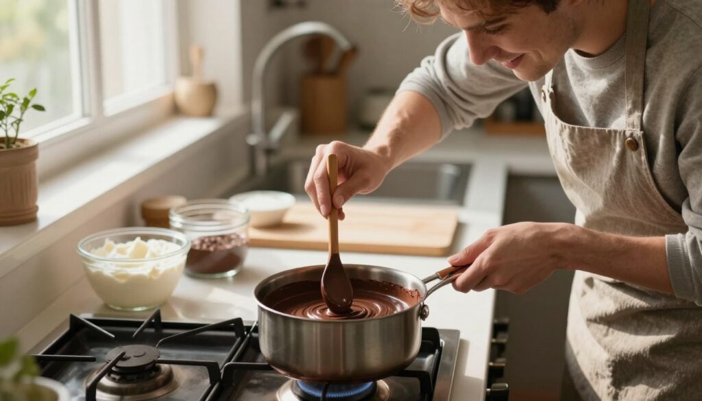 A warm kitchen scene focused on a small saucepan on a stove, with melted chocolate swirling inside, showcasing a rich, glossy texture. In the foreground, a chef in modest casual attire is skillfully stirring the chocolate with a wooden spoon, their expression concentrated yet hopeful, indicating the rescue of a previously burned batch. In the middle, ingredients like cream and sugar are neatly arranged on a countertop, suggesting a remedy for the chocolate. The background features warm, natural light streaming in through a window, illuminating the scene and creating a cozy, inviting atmosphere. The overall mood is one of transformation and perseverance in baking, emphasizing the joy of salvaging a culinary creation.