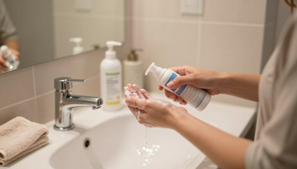 A well-lit bathroom setting with a focus on a person gently scrubbing their hands to remove hair dye. In the foreground, show a hand holding a gentle chemical hair color remover, the label clearly visible but unbranded. The middle ground features a sink with some remnants of hair dye, and a soft, cozy towel draped nearby. The background includes a mirror reflecting the scene with warm lighting to create a welcoming atmosphere. The person is in modest casual clothing, displaying a look of concentration and care. The image conveys a mood of practicality and self-care, emphasizing the importance of using safe methods to remove hair dye. A well-lit bathroom setting with a focus on a person gently scrubbing their hands to remove hair dye. In the foreground, show a hand holding a gentle chemical hair color remover, the label clearly visible but unbranded. The middle ground features a sink with some remnants of hair dye, and a soft, cozy towel draped nearby. The background includes a mirror reflecting the scene with warm lighting to create a welcoming atmosphere. The person is in modest casual clothing, displaying a look of concentration and care. The image conveys a mood of practicality and self-care, emphasizing the importance of using safe methods to remove hair dye.