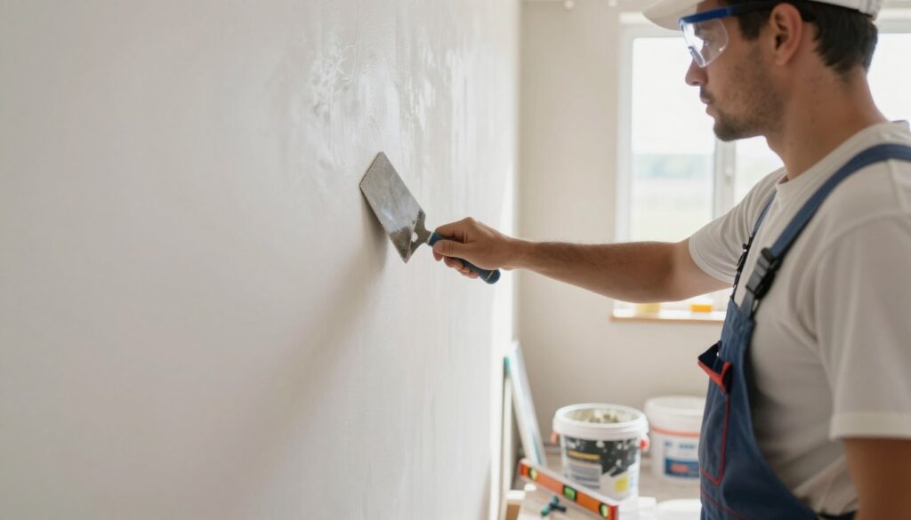 A well-lit interior space showcasing the preparation of wall surfaces before applying finishing plaster. In the foreground, a skilled tradesperson, dressed in professional work attire with safety goggles, carefully inspects the wall with a putty knife in hand. The middle ground features various tools for surface preparation, such as sandpaper, a mixing bucket with plaster, and a level. The background reveals freshly textured walls, illuminated by natural light streaming in through a nearby window, creating a bright and inviting atmosphere. Capture a sense of diligence and craftsmanship, emphasizing the importance of a smooth foundation for finishing work. Use a slightly angled perspective to create depth and draw the viewer's eye through the preparation process. A well-lit interior space showcasing the preparation of wall surfaces before applying finishing plaster. In the foreground, a skilled tradesperson, dressed in professional work attire with safety goggles, carefully inspects the wall with a putty knife in hand. The middle ground features various tools for surface preparation, such as sandpaper, a mixing bucket with plaster, and a level. The background reveals freshly textured walls, illuminated by natural light streaming in through a nearby window, creating a bright and inviting atmosphere. Capture a sense of diligence and craftsmanship, emphasizing the importance of a smooth foundation for finishing work. Use a slightly angled perspective to create depth and draw the viewer's eye through the preparation process.