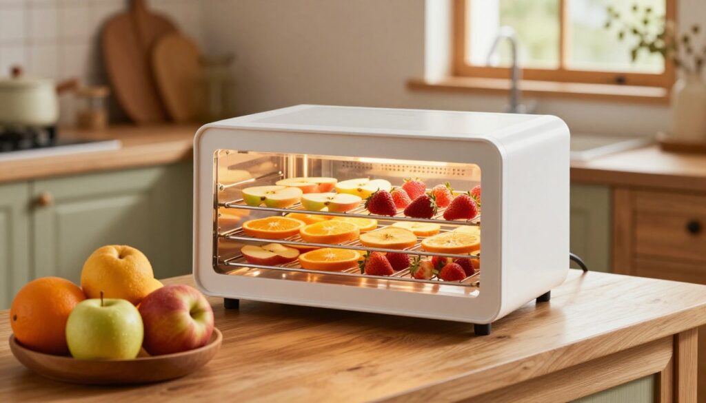 A well-lit kitchen setting showcasing a high-quality fruit dryer in action, with various slices of colorful fruits like apples, oranges, and strawberries placed neatly on the drying trays. In the foreground, a wooden countertop holds a bowl of fresh, whole fruits, emphasizing the transition from fresh to dried. In the middle, the fruit dryer emits a soft glow, suggesting warmth and efficiency. The background features a rustic kitchen ambiance, with wooden cabinets and natural light streaming through a window, creating a cozy and inviting atmosphere. The scene should evoke a sense of health and convenience, focusing on the process of drying fruits at home for healthy snacking. Use a warm color palette to enhance the welcoming mood.
