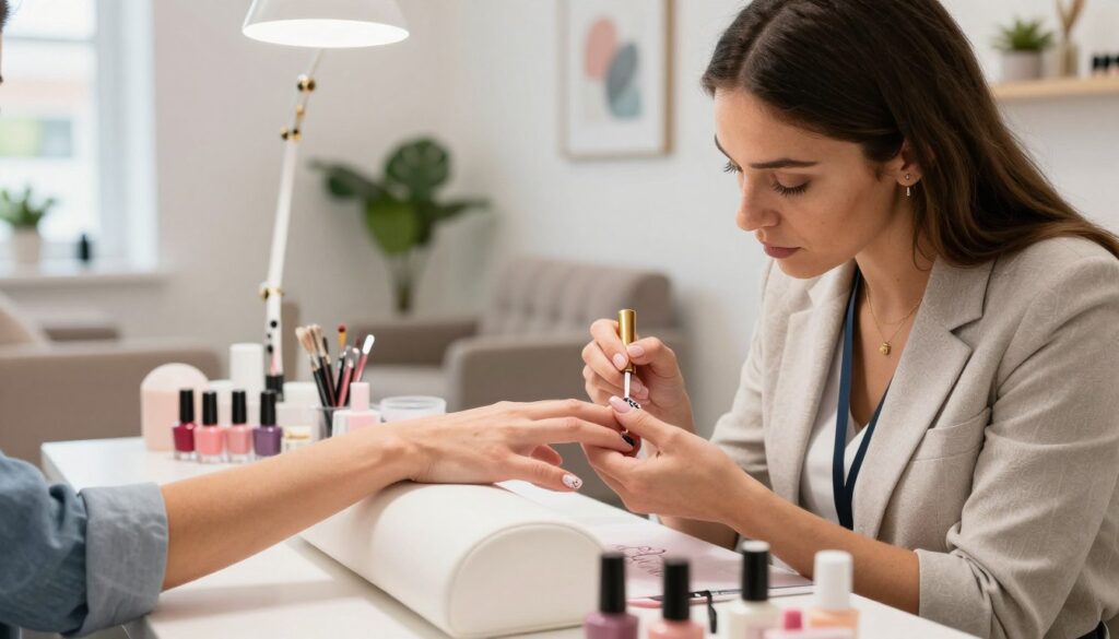 A well-organized beauty salon interior showcasing a nail stylist at work. In the foreground, a nail stylist in smart casual attire is carefully applying gel polish to a client's nails, focusing on precision and detail. The client's hands, beautifully manicured with elegant designs, are resting on a stylish table adorned with various nail polish bottles and tools. In the middle ground, a well-lit and modern salon space with comfortable seating and decorative elements like plants and art on the walls creates an inviting atmosphere. The background features bright, diffused lighting that enhances the colors of the nail designs and adds a professional yet relaxed vibe. The overall mood is serene and elegant, reflecting the high-quality service experience. A well-organized beauty salon interior showcasing a nail stylist at work. In the foreground, a nail stylist in smart casual attire is carefully applying gel polish to a client's nails, focusing on precision and detail. The client's hands, beautifully manicured with elegant designs, are resting on a stylish table adorned with various nail polish bottles and tools. In the middle ground, a well-lit and modern salon space with comfortable seating and decorative elements like plants and art on the walls creates an inviting atmosphere. The background features bright, diffused lighting that enhances the colors of the nail designs and adds a professional yet relaxed vibe. The overall mood is serene and elegant, reflecting the high-quality service experience.