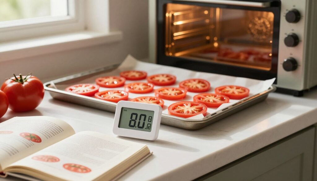 A well-organized kitchen scene focused on a countertop with freshly sliced tomatoes, arranged for drying. In the foreground, a digital thermometer displays the ideal drying temperature, surrounded by an open recipe book featuring drying guidelines. In the middle, a baking tray lined with parchment paper holds vibrant red tomato slices, glistening lightly. The background features an oven, its door slightly ajar, emitting a warm, soft glow to enhance the cozy atmosphere. Soft, natural light streams in from a nearby window, highlighting the textures of the tomatoes and the warmth of the setting. The overall mood conveys a sense of culinary warmth and the joy of preserving summer flavors. A well-organized kitchen scene focused on a countertop with freshly sliced tomatoes, arranged for drying. In the foreground, a digital thermometer displays the ideal drying temperature, surrounded by an open recipe book featuring drying guidelines. In the middle, a baking tray lined with parchment paper holds vibrant red tomato slices, glistening lightly. The background features an oven, its door slightly ajar, emitting a warm, soft glow to enhance the cozy atmosphere. Soft, natural light streams in from a nearby window, highlighting the textures of the tomatoes and the warmth of the setting. The overall mood conveys a sense of culinary warmth and the joy of preserving summer flavors.