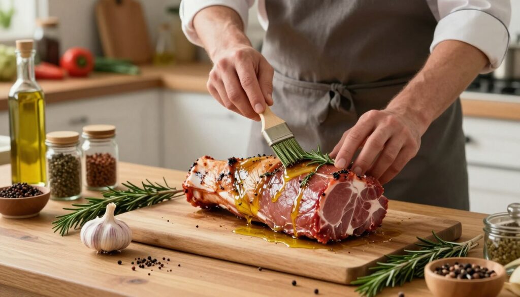 A wooden kitchen table, cluttered with various tools for preparing pork for roasting, takes center stage. In the foreground, a seasoned pork loin, glistening with garlic, rosemary, and olive oil, rests on a cutting board, surrounded by sprigs of fresh herbs and scattered spices. In the middle ground, a chef in modest casual clothing expertly marinates the meat, showcasing a skilled hand with a brush, all under soft, warm kitchen lighting that creates a welcoming atmosphere. In the background, shelves are lined with jars of spices and vegetables for roasting, hinting at culinary preparation. The overall mood is vibrant and inviting, capturing the essence of home cooking, perfect for an article about juicy roasted pork. A wooden kitchen table, cluttered with various tools for preparing pork for roasting, takes center stage. In the foreground, a seasoned pork loin, glistening with garlic, rosemary, and olive oil, rests on a cutting board, surrounded by sprigs of fresh herbs and scattered spices. In the middle ground, a chef in modest casual clothing expertly marinates the meat, showcasing a skilled hand with a brush, all under soft, warm kitchen lighting that creates a welcoming atmosphere. In the background, shelves are lined with jars of spices and vegetables for roasting, hinting at culinary preparation. The overall mood is vibrant and inviting, capturing the essence of home cooking, perfect for an article about juicy roasted pork.