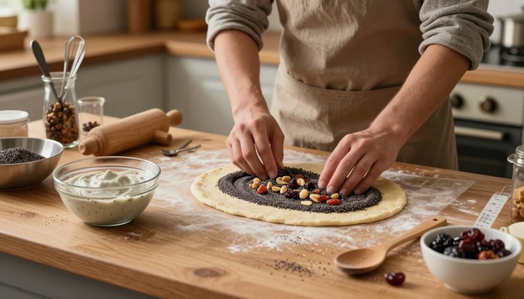 An inviting kitchen scene showcasing the preparation of poppy seed cake (makowiec) for freezing. In the foreground, a wooden countertop with a freshly rolled dough, generously sprinkled with poppy seeds, nuts, and dried fruits. A glass bowl filled with a creamy poppy seed filling sits nearby, along with measuring cups and a wooden spoon. The middle layer features a baker's hands, clad in modest casual clothing, skillfully spreading the filling onto the dough, while an array of baking tools and ingredients is arranged artfully around them. The background captures a cozy kitchen with warm, soft lighting, creating a welcoming atmosphere. A glimpse of a vintage oven is visible, hinting at the baked delights to come. The scene conveys a sense of warmth, tradition, and the joy of preparing festive treats for freezing. An inviting kitchen scene showcasing the preparation of poppy seed cake (makowiec) for freezing. In the foreground, a wooden countertop with a freshly rolled dough, generously sprinkled with poppy seeds, nuts, and dried fruits. A glass bowl filled with a creamy poppy seed filling sits nearby, along with measuring cups and a wooden spoon. The middle layer features a baker's hands, clad in modest casual clothing, skillfully spreading the filling onto the dough, while an array of baking tools and ingredients is arranged artfully around them. The background captures a cozy kitchen with warm, soft lighting, creating a welcoming atmosphere. A glimpse of a vintage oven is visible, hinting at the baked delights to come. The scene conveys a sense of warmth, tradition, and the joy of preparing festive treats for freezing.