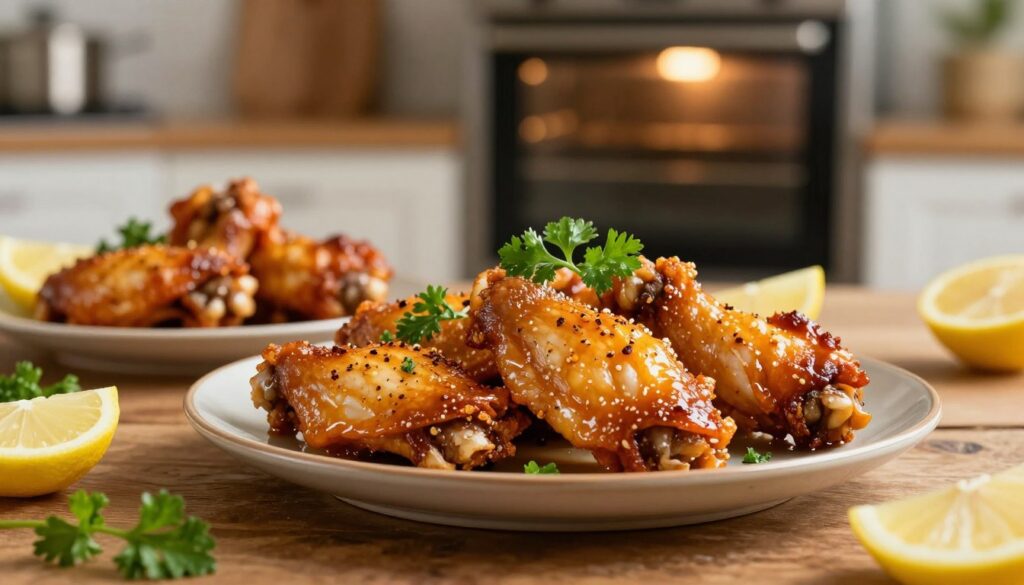 Crispy and juicy chicken wings styled on a rustic wooden table, glistening with a golden-brown glaze that highlights the spices and seasoning. In the foreground, a plate of perfectly arranged chicken wings is garnished with fresh parsley and slices of lemon, conveying a sense of flavor and freshness. The middle ground features a softly lit, warm kitchen environment, with an oven in the background softly illuminated, hinting at the cooking process. The lighting is natural and inviting, creating a cozy atmosphere, while a shallow depth of field focuses on the wings. The overall mood is mouthwatering and appetizing, inviting the viewer to appreciate the texture and quality of the meat.