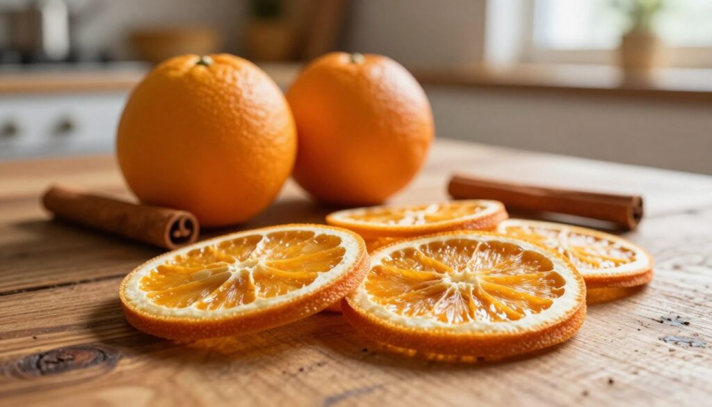 Dried orange slices beautifully arranged on a rustic wooden table, showcasing their vibrant orange hues and intricate textures. In the foreground, a few slices are overlapping, with glistening surfaces that reflect warm, natural sunlight. In the middle ground, a handful of whole oranges and a cinnamon stick add a cozy, aromatic touch, evoking the scent of dried citrus. The background features a softly blurred kitchen setting, hinting at warm colors and inviting lighting coming from a nearby window. The atmosphere embodies a sense of homeliness and creativity, perfect for crafting decorations or adding delightful flavors to dishes. Capture this scene with a shallow depth of field to emphasize the oranges and create a warm, inviting mood. Dried orange slices beautifully arranged on a rustic wooden table, showcasing their vibrant orange hues and intricate textures. In the foreground, a few slices are overlapping, with glistening surfaces that reflect warm, natural sunlight. In the middle ground, a handful of whole oranges and a cinnamon stick add a cozy, aromatic touch, evoking the scent of dried citrus. The background features a softly blurred kitchen setting, hinting at warm colors and inviting lighting coming from a nearby window. The atmosphere embodies a sense of homeliness and creativity, perfect for crafting decorations or adding delightful flavors to dishes. Capture this scene with a shallow depth of field to emphasize the oranges and create a warm, inviting mood.