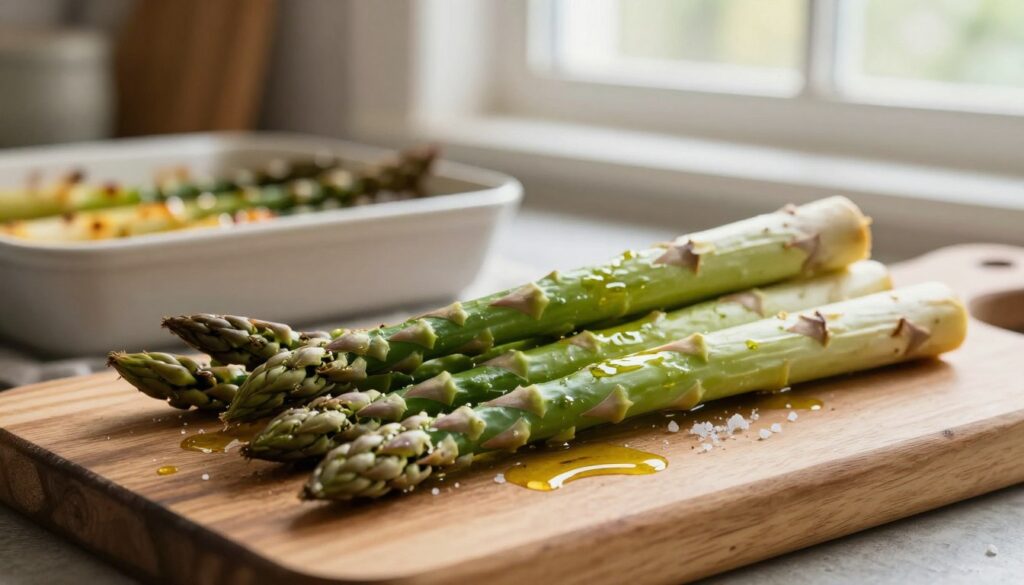 Freshly harvested asparagus arranged elegantly on a rustic wooden cutting board, glistening with a drizzle of olive oil and sprinkled with sea salt. In the foreground, the asparagus spears display a vibrant green color, showcasing their tender, crisp texture. The background features a softly blurred kitchen setting with warm, natural light streaming in through a window, creating an inviting and cozy atmosphere. A baking dish with a golden-brown, roasted version of the asparagus peeks into the middle ground, hinting at their delicious preparation. The scene conveys a sense of simplicity and wholesome dining, emphasizing the appeal of roasted asparagus as a delightful side dish for both lunch and dinner. Freshly harvested asparagus arranged elegantly on a rustic wooden cutting board, glistening with a drizzle of olive oil and sprinkled with sea salt. In the foreground, the asparagus spears display a vibrant green color, showcasing their tender, crisp texture. The background features a softly blurred kitchen setting with warm, natural light streaming in through a window, creating an inviting and cozy atmosphere. A baking dish with a golden-brown, roasted version of the asparagus peeks into the middle ground, hinting at their delicious preparation. The scene conveys a sense of simplicity and wholesome dining, emphasizing the appeal of roasted asparagus as a delightful side dish for both lunch and dinner.