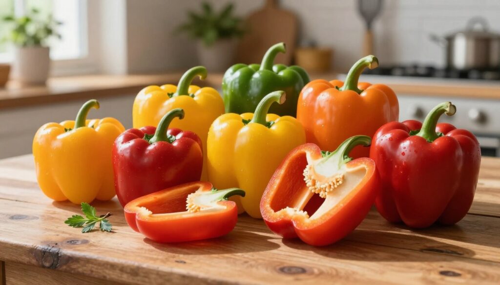 Vibrant array of assorted bell peppers, showcasing a variety of colors including red, yellow, green, and orange. Arrange them artfully on a rustic wooden table, with some peppers cut in half to reveal the fresh, juicy interiors. Soft, natural lighting filters in from the left, casting gentle shadows that emphasize the textures of the peppers. In the background, a blurred kitchen scene with herb plants and cooking utensils enhances the homey atmosphere. The mood is warm and inviting, capturing the essence of fresh, wholesome ingredients essential for a flavorful stew. The camera angle is slightly elevated, focusing on the vivid colors and rich textures to convey freshness and appetite. Vibrant array of assorted bell peppers, showcasing a variety of colors including red, yellow, green, and orange. Arrange them artfully on a rustic wooden table, with some peppers cut in half to reveal the fresh, juicy interiors. Soft, natural lighting filters in from the left, casting gentle shadows that emphasize the textures of the peppers. In the background, a blurred kitchen scene with herb plants and cooking utensils enhances the homey atmosphere. The mood is warm and inviting, capturing the essence of fresh, wholesome ingredients essential for a flavorful stew. The camera angle is slightly elevated, focusing on the vivid colors and rich textures to convey freshness and appetite.