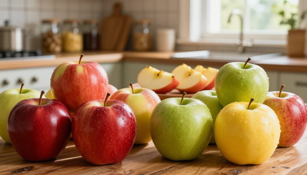 Vibrant collection of various apple varieties prominently displayed in the foreground, featuring glossy red, green, and yellow apples with distinct textures and shapes. In the middle ground, a rustic wooden table holds a few freshly cut apple slices, revealing their lush interior. The background softly blurs to showcase a warm kitchen setting with a vintage vibe, including shelves lined with glass jars and a window allowing natural sunlight to flood the space, casting gentle shadows. The lighting is warm and inviting, enhancing the rich colors of the apples. The overall atmosphere conveys a sense of home, warmth, and the promise of delicious apple-based recipes.