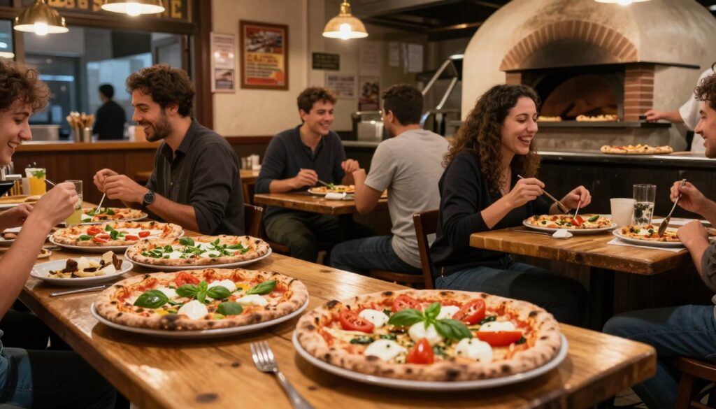 a bustling Roman pizzeria during the evening, showcasing an array of delicious pizzas on display. In the foreground, a wooden table laden with freshly baked pizzas topped with vibrant ingredients like fresh basil, mozzarella, and ripe tomatoes. In the middle, patrons enjoying their meals, dressed in casual clothing, seated at rustic wooden tables, laughter and enjoyment evident on their faces. The background features a lively pizzeria interior with warm lighting, a brick oven visible with the pizza chef preparing more pies. The atmosphere is inviting and festive, capturing the essence of dining in Rome. The scene is shot from a slight angle to create depth, with a soft focus on the details of the pizzas while retaining the friendly vibe of the restaurant. a bustling Roman pizzeria during the evening, showcasing an array of delicious pizzas on display. In the foreground, a wooden table laden with freshly baked pizzas topped with vibrant ingredients like fresh basil, mozzarella, and ripe tomatoes. In the middle, patrons enjoying their meals, dressed in casual clothing, seated at rustic wooden tables, laughter and enjoyment evident on their faces. The background features a lively pizzeria interior with warm lighting, a brick oven visible with the pizza chef preparing more pies. The atmosphere is inviting and festive, capturing the essence of dining in Rome. The scene is shot from a slight angle to create depth, with a soft focus on the details of the pizzas while retaining the friendly vibe of the restaurant.
